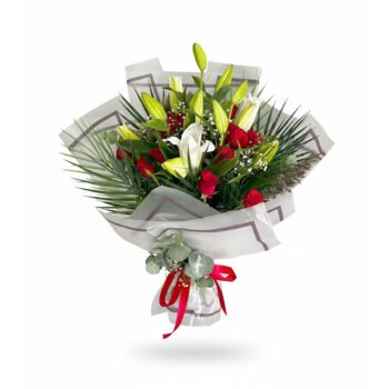 Lilyum ve Kırmızı Gül Buketi – Zarif & Romantik Çiçek Tasarımı