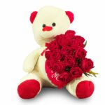 Kırmızı Gül Buketli Peluş Ayıcık – Sevgiliye Romantik Hediye Seti