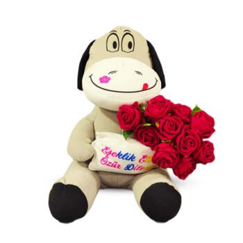 Kırmızı Gül Buketli Sevimli Peluş Eşek – Özür Hediyesi