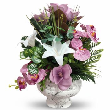 Mermer Desenli Saksıda Orkide & Lilyum Yapay Çiçek Aranjmanı – Şık Dekoratif Çiçek