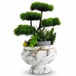 Mermer Desenli Saksıda Yapay Bonsai ve Sukulent Aranjmanı