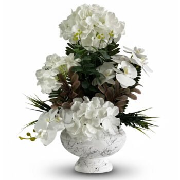 Beyaz Şık Saksıda Orkide ve Ortanca Yapay Çiçek Aranjmanı