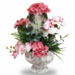 Mermer Desenli Saksıda Pembe Ortanca & Orkide Yapay Çiçek Aranjmanı – Zarif Dekoratif Tasarım