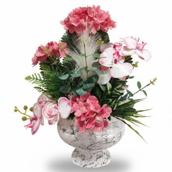 Mermer Desenli Saksıda Pembe Ortanca & Orkide Yapay Çiçek Aranjmanı – Zarif Dekoratif Tasarım