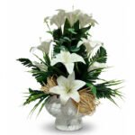 Mermer Desenli Saksıda Beyaz Lilyum Yapay Çiçek Aranjmanı – Şık ve Kalıcı Dekor